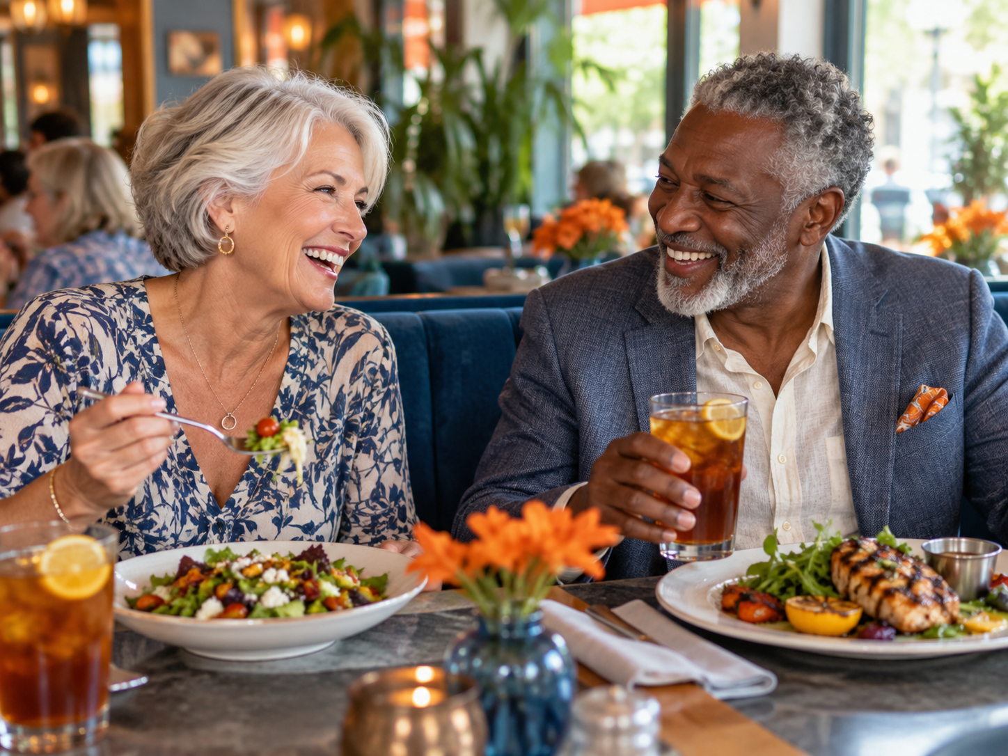 Two older friends enjoying lunch and conversation at a neighborhood restaurant